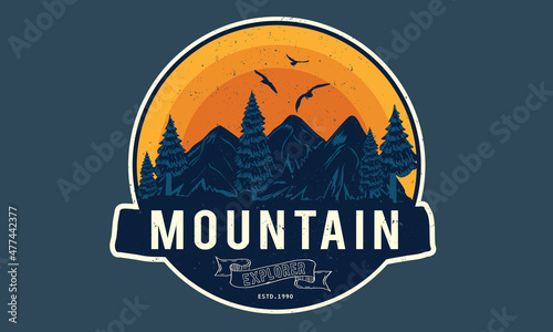 Mountain exploring retro graphic print design for t shirt , apparel, badge, sticker, poster and others.