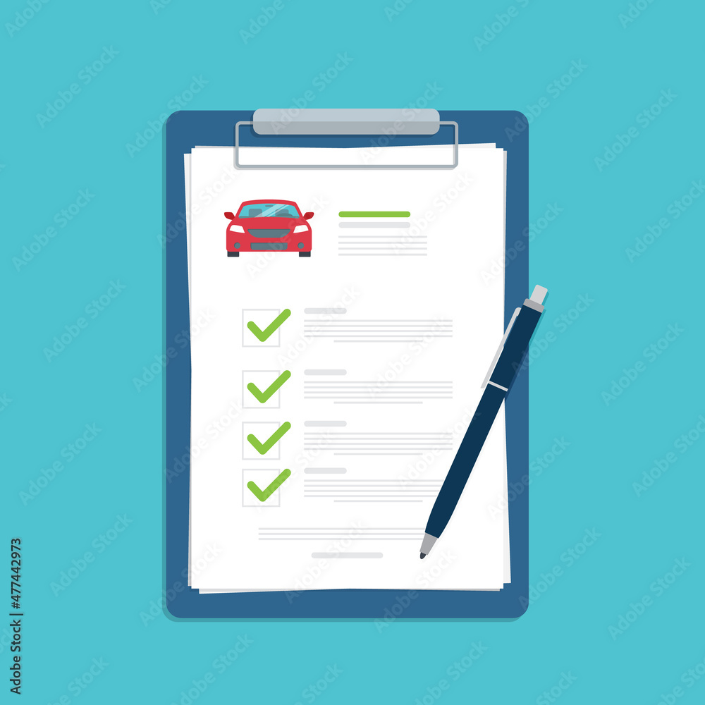 Car insurance document, report. Paper agreement checklist or loan checkmarks form list approved with automobile icon, vehicle financial, car dealership legal deal. Vector illustration Car insurance document, report. Paper agreement checklist or loan checkmarks form list approved with automobile icon, vehicle financial, car dealership legal deal. Vector illustration