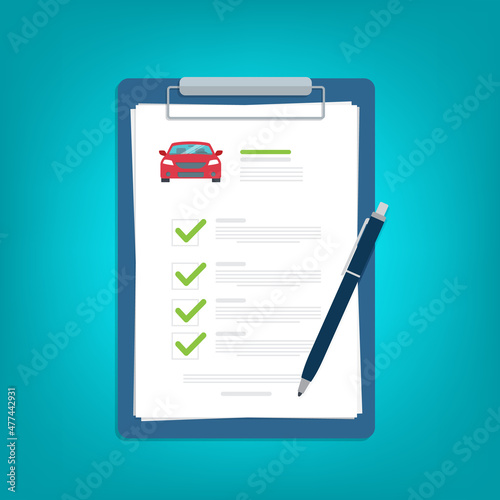 Car insurance document, report. Paper agreement checklist or loan checkmarks form list approved with automobile icon, vehicle financial, car dealership legal deal. Vector illustration