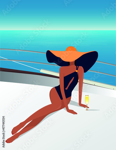 Digital illustration of stylish fashionable girl in hat and swimsuit resting with champagne on a yacht on vacation