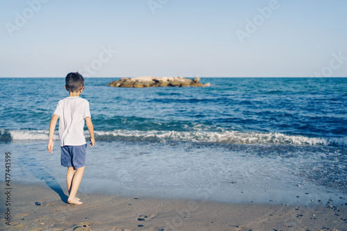 Little boy watching the sea on the beach.
