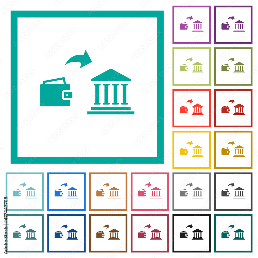 Money deposit to bank flat color icons with quadrant frames
