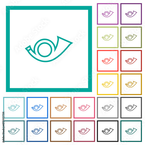 Postal round horn outline flat color icons with quadrant frames