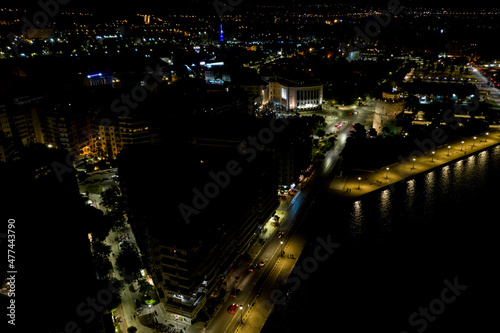 Aerial night view of Thessaloniki promenade.