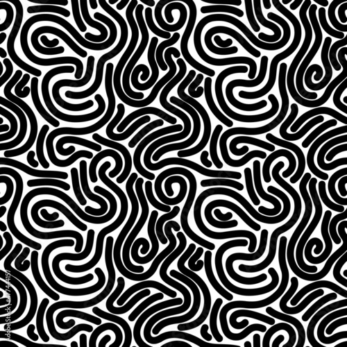 Abstract seamless pattern with noodles. Black line elements on white background. Vector illustration.