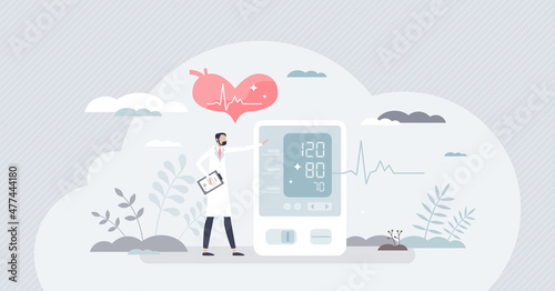 Blood pressure screening and cardiology heart beats checkup tiny person concept. Health care procedure for hypertension or high pressure diagnosis vector illustration. Medical examination and test.