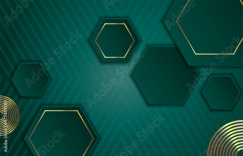 Abstract green background with hexagon shapes and golden circles.