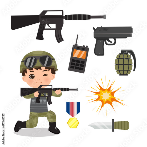 Cute soldier boy with army equipment clipart. Flat vector cartoon design