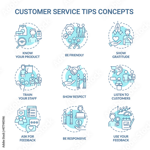 Customer service tips turquoise concept icons set. Marketing and commerce idea thin line color illustrations. Isolated outline drawings. Editable stroke. Roboto-Medium, Myriad Pro-Bold fonts used