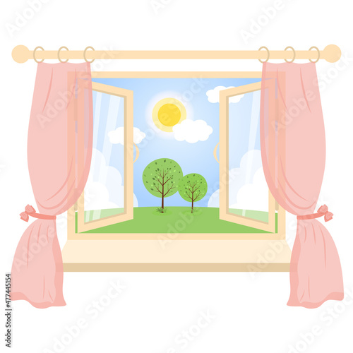 Open window with pink curtains, sunny day scene view. Landscape from the window.