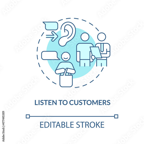 Listen to customers turquoise concept icon. Customer service abstract idea thin line illustration. Isolated outline drawing. Editable stroke. Roboto-Medium, Myriad Pro-Bold fonts used
