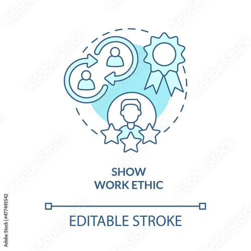Show work ethic turquoise concept icon. Customer service tips abstract idea thin line illustration. Isolated outline drawing. Editable stroke. Roboto-Medium, Myriad Pro-Bold fonts used