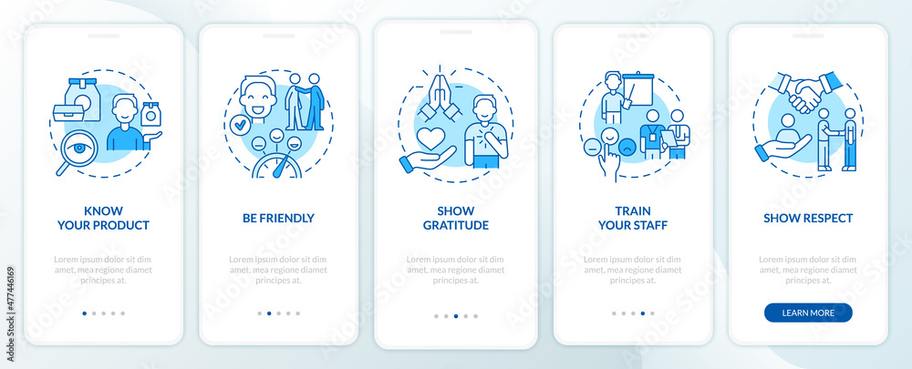 Customer service blue onboarding mobile app screen. Clients assistance walkthrough 5 steps graphic instructions pages with linear concepts. UI, UX, GUI template. Myriad Pro-Bold, Regular fonts used