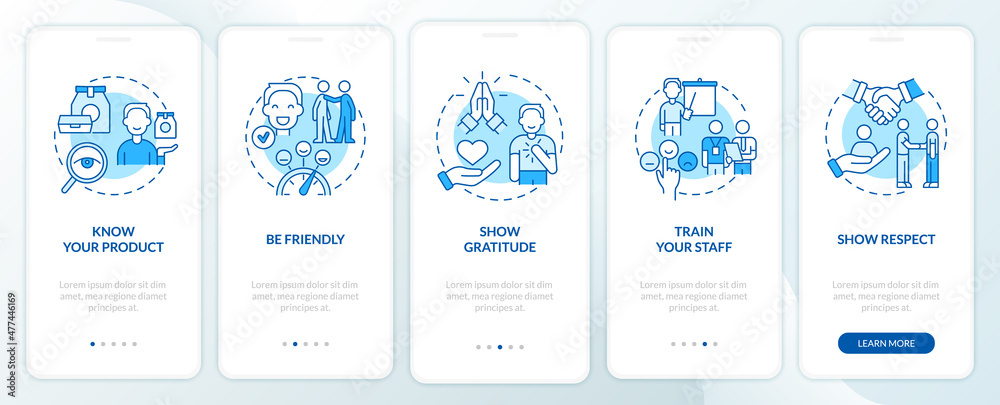 Customer service blue onboarding mobile app screen. Clients assistance walkthrough 5 steps graphic instructions pages with linear concepts. UI, UX, GUI template. Myriad Pro-Bold, Regular fonts used Customer service blue onboarding mobile app screen. Clients assistance walkthrough 5 steps graphic instructions pages with linear concepts. UI, UX, GUI template. Myriad Pro-Bold, Regular fonts used