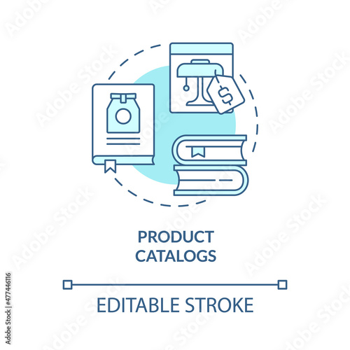 Product catalog turquoise concept icon. Showcasing item. Customer touchpoints abstract idea thin line illustration. Isolated outline drawing. Editable stroke. Roboto-Medium, Myriad Pro-Bold fonts used