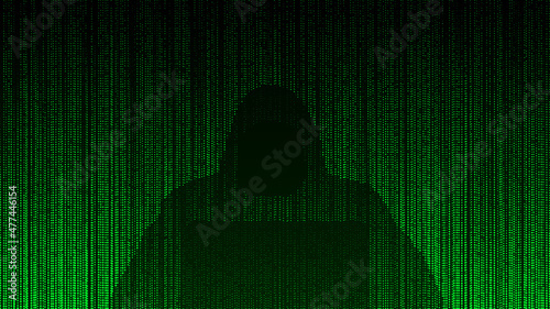 Green background of dots. Hacker in the matrix. Dark silhouette in hood. Computer code. Hacking programm. Vector