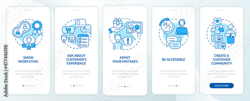 Customer service tips blue onboarding mobile app screen. Support ethic walkthrough 5 steps graphic instructions pages with linear concepts. UI, UX, GUI template. Myriad Pro-Bold, Regular fonts used