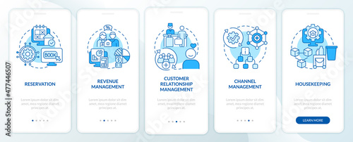 Modules of property management blue onboarding mobile app screen. Data walkthrough 5 steps graphic instructions pages with linear concepts. UI, UX, GUI template. Myriad Pro-Bold, Regular fonts used