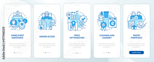 Property management in hotels blue onboarding mobile app screen. Module walkthrough 5 steps graphic instructions pages with linear concepts. UI, UX, GUI template. Myriad Pro-Bold, Regular fonts used
