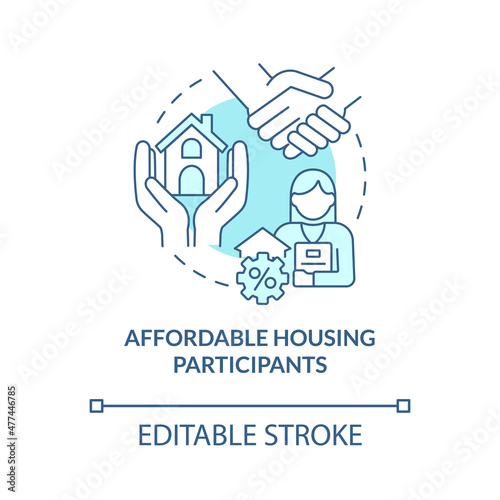 Affordable housing participants turquoise concept icon. Property manager job abstract idea thin line illustration. Isolated outline drawing. Editable stroke. Roboto-Medium, Myriad Pro-Bold fonts used