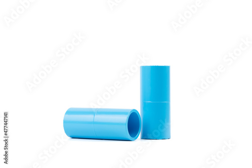 Blue PVC plastic pipe fitting isolated on white background, use for water system