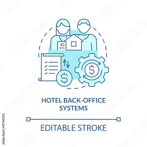 Hotel back-office systems turquoise concept icon. Property management abstract idea thin line illustration. Isolated outline drawing. Editab le stroke. Roboto-Medium, Myriad Pro-Bold fonts used