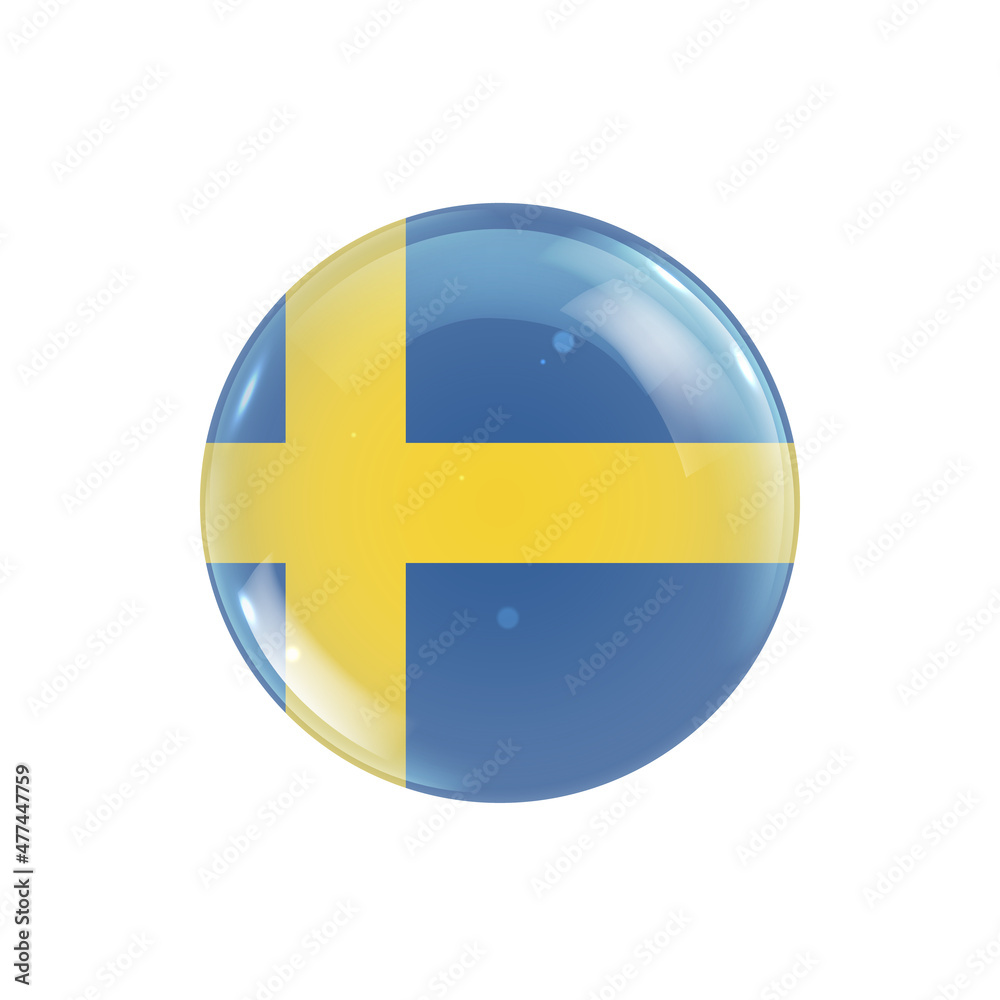 Sweden flag icon round badge or button. Glossy sphere vector illustration.	