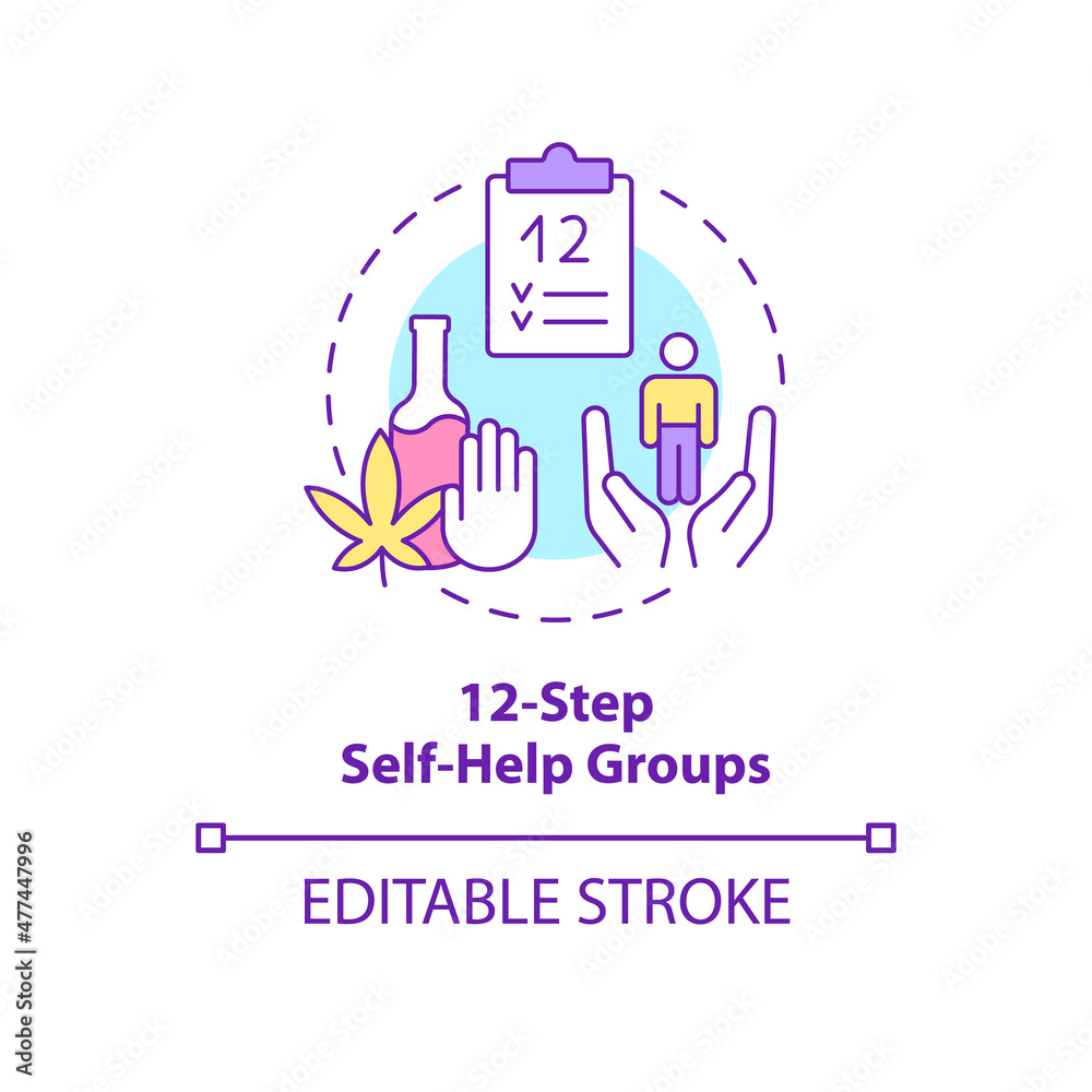Twelve step self help groups concept icon. Mental health treatment abstract idea thin line illustration. Isolated outline drawing. Editable stroke. Roboto-Medium, Myriad Pro-Bold fonts used