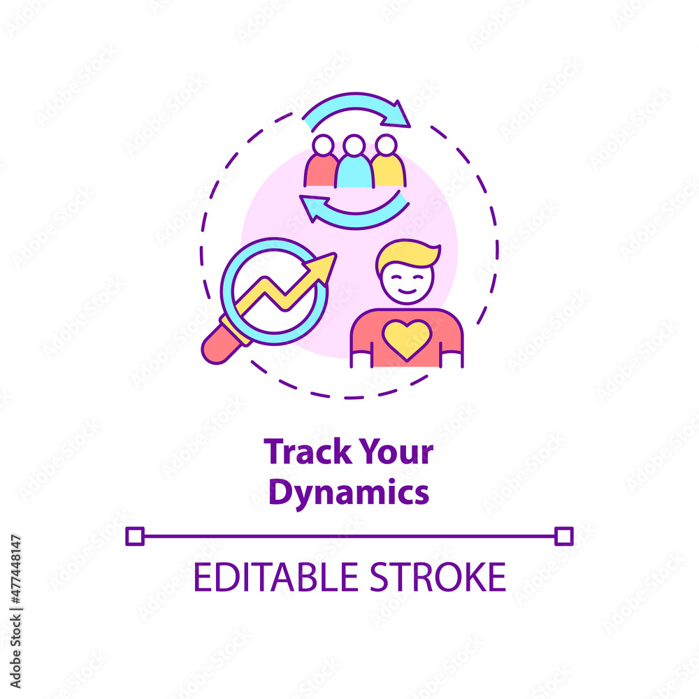 Track your dynamics concept icon. Effective support group visit abstract idea thin line illustration. Isolated outline drawing. Editable stroke. Roboto-Medium, Myriad Pro-Bold fonts used Track your dynamics concept icon. Effective support group visit abstract idea thin line illustration. Isolated outline drawing. Editable stroke. Roboto-Medium, Myriad Pro-Bold fonts used