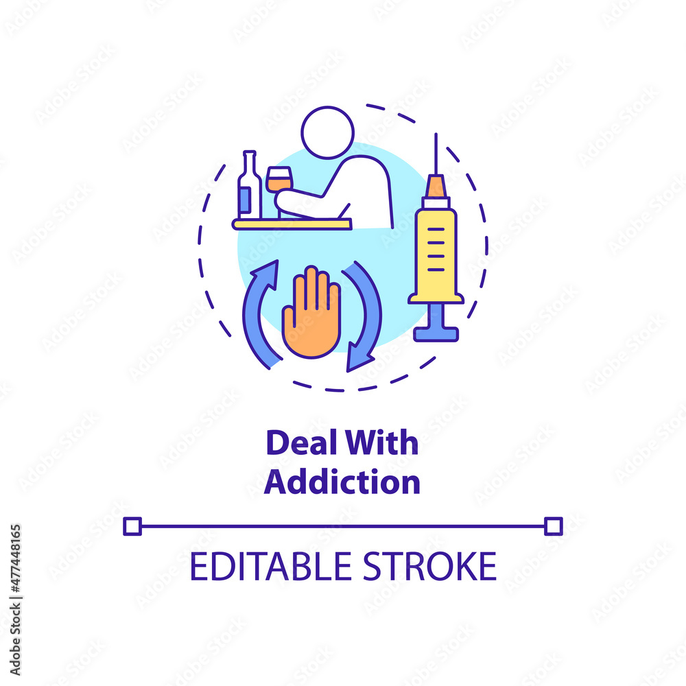 Deal with addiction concept icon. Support group for drug and alcohol addict abstract idea thin line illustration. Isolated outline drawing. Editable stroke. Roboto-Medium, Myriad Pro-Bold fonts used