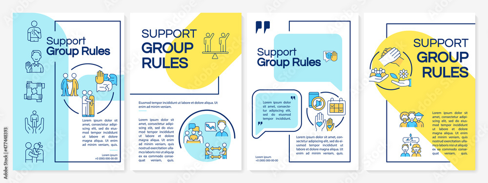 Support group regulation blue and yellow brochure template. Booklet print design with linear icons. Vector layouts for presentation, annual reports, ads. Arial-Black, Myriad Pro-Regular fonts used