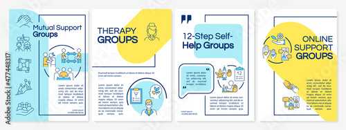 Support groups types blue and yellow brochure template. Booklet print design with linear icons. Vector layouts for presentation, annual reports, ads. Arial-Black, Myriad Pro-Regular fonts used