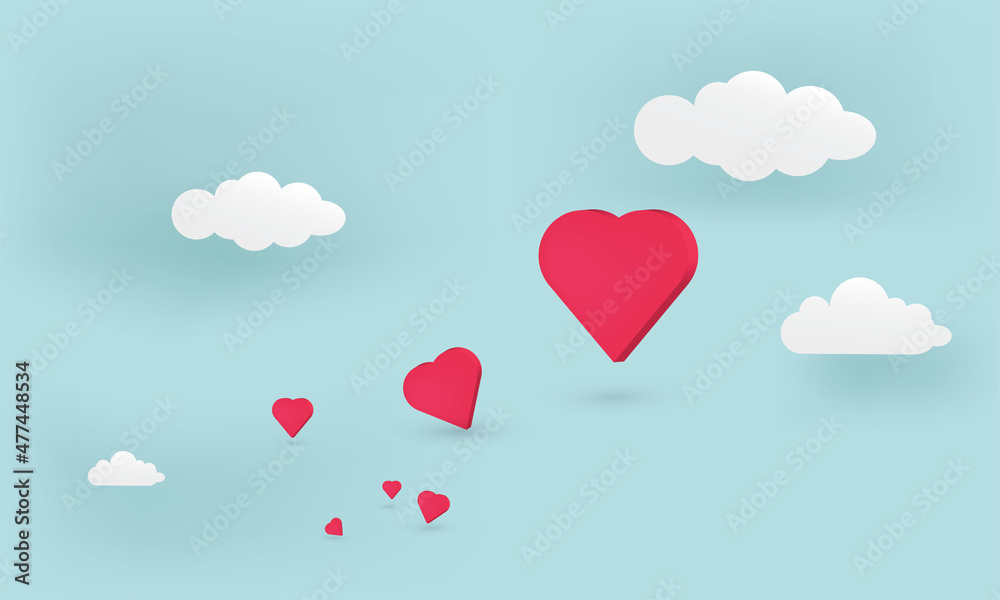 flying hearts in the blue sky with clouds in 3d paper art style design.
