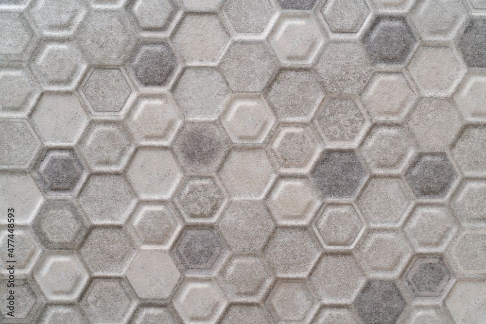 Concrete hexagonal paver blocks. Abstract seamless pattern, gray ceramic tiles floor. Design