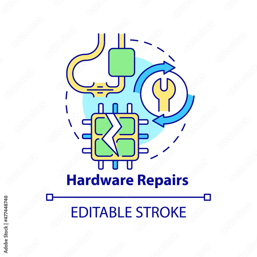 Hardware repair concept icon. Physical breakdown, recovery. Type of repair abstract idea thin line illustration. Isolated outline drawing. Editable stroke. Roboto-Medium, Myriad Pro-Bold fonts used