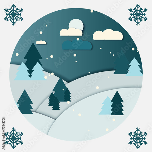 New Year Christmas card in the style of paper cutout with snow and Christmas trees in blue colors