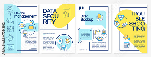 Computer services blue and yellow brochure template. Booklet print design with linear icons. Vector layouts for presentation, annual reports, ads. Questrial-Regular, Lato-Regular fonts used © bsd studio