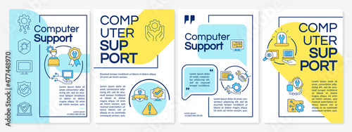 Computer support blue and yellow brochure template. Booklet print design with linear icons. Vector layouts for presentation, annual reports, ads. Questrial-Regular, Lato-Regular fonts used