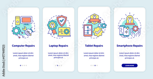 Types of services onboarding mobile app screen. Breakdowns fixing walkthrough 4 steps graphic instructions pages with linear concepts. UI, UX, GUI template. Myriad Pro-Bold, Regular fonts used