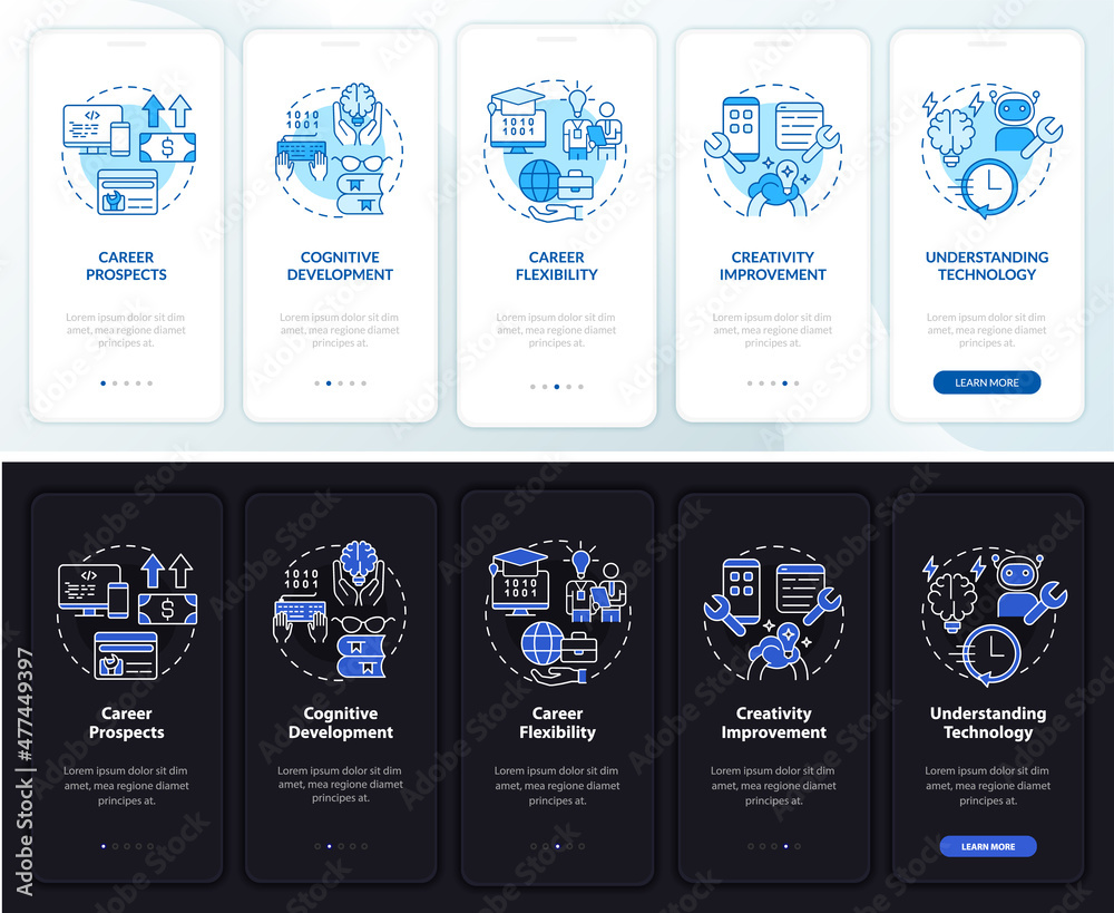 Why to learn to code night and day mode onboarding mobile app screen ...