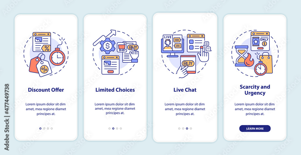 Fototapeta premium Landing page strategies onboarding mobile app screen. Internet ads walkthrough 4 steps graphic instructions pages with linear concepts. UI, UX, GUI template. Myriad Pro-Bold, Regular fonts used