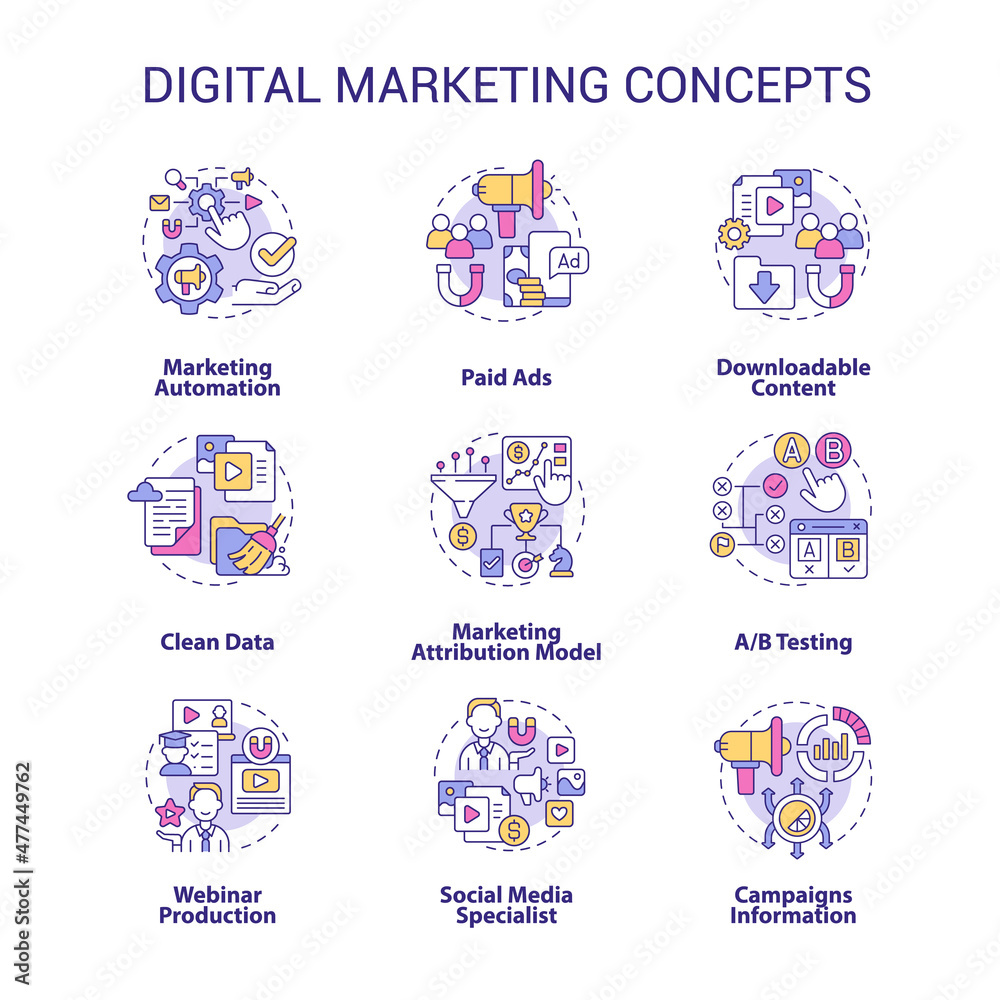 Digital marketing and strategies concept icons set. Promoting business online idea thin line color illustrations. Isolated outline drawings. Roboto-Medium, Myriad Pro-Bold fonts used
