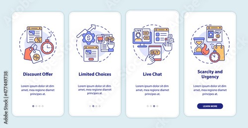 Landing page strategies onboarding mobile app screen. Internet ads walkthrough 4 steps graphic instructions pages with linear concepts. UI, UX, GUI template. Myriad Pro-Bold, Regular fonts used