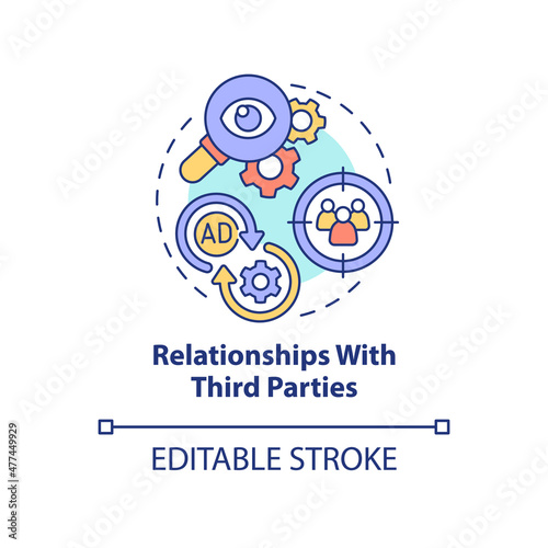 Relationships with third parties concept icon. Digital marketing strategy abstract idea thin line illustration. Isolated outline drawing. Editable stroke. Roboto-Medium, Myriad Pro-Bold fonts used