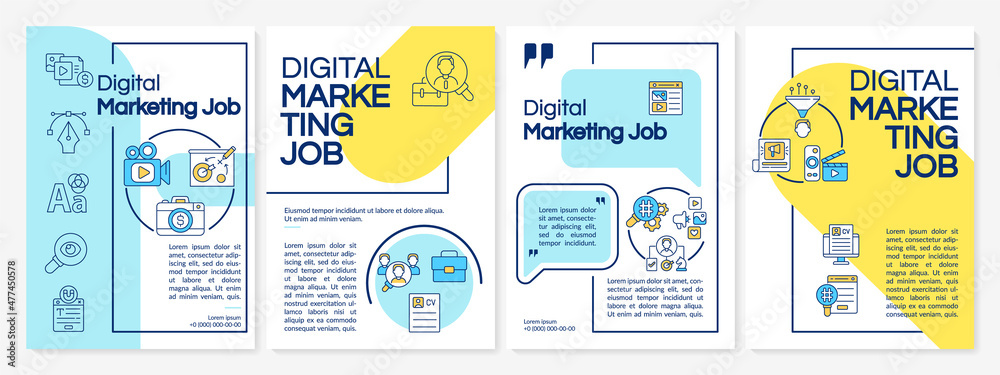 Naklejka premium Digital marketing jobs blue and yellow brochure template. Booklet print design with linear icons. Vector layouts for presentation, annual reports, ads. Questrial-Regular, Lato-Regular fonts used