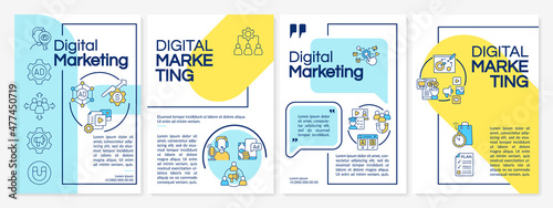Digital marketing blue and yellow template. Online ads. Booklet print design with linear icons. Vector layouts for presentation, annual reports, ads. Questrial-Regular, Lato-Regular fonts used