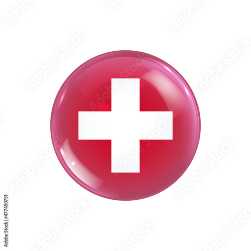 Switzerland flag icon round badge or button. Glossy sphere vector illustration.