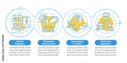 Effective support group visits blue circle infographic template. Data visualization with 4 steps. Process timeline info chart. Workflow layout with line icons. Myriad Pro-Bold, Regular fonts used