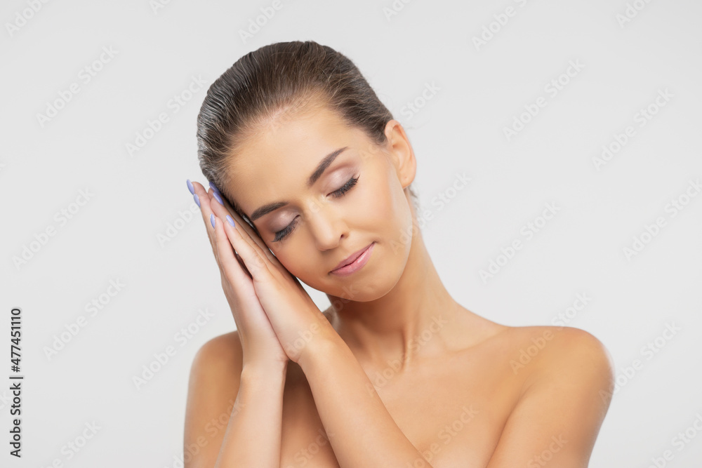 Beauty portrait of young, attractive and healthy woman. Beautiful brunette girl over white background. Natural female face. Beauty portrait of young, attractive and healthy woman. Beautiful brunette girl over white background. Natural female face.