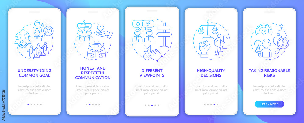 Teamwork tips blue gradient onboarding mobile app screen. Company work walkthrough 5 steps graphic instructions pages with linear concepts. UI, UX, GUI template. Myriad Pro-Bold, Regular fonts used